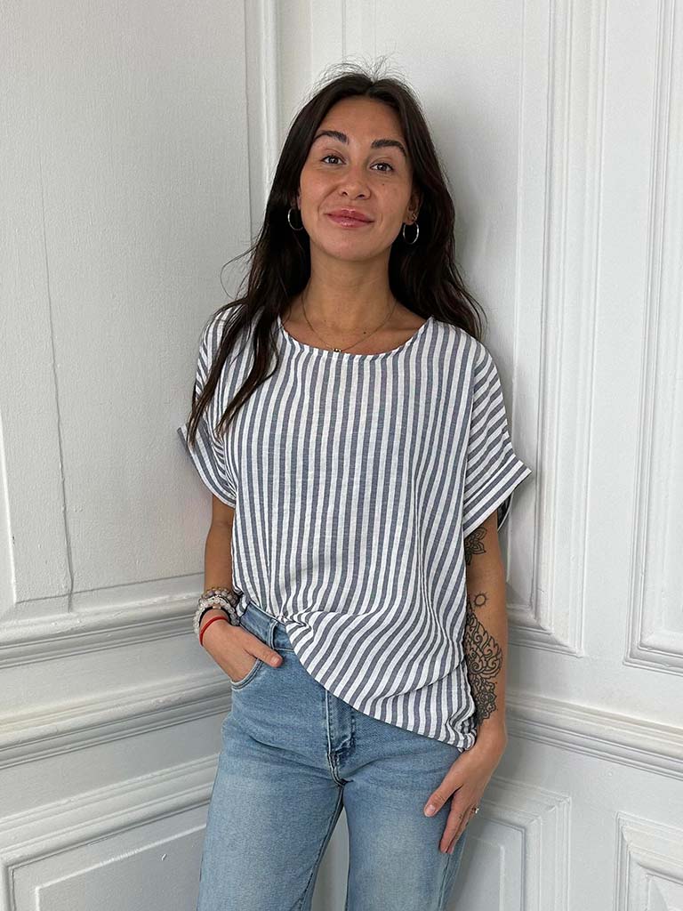 Stripe Boxy Tee - Navy