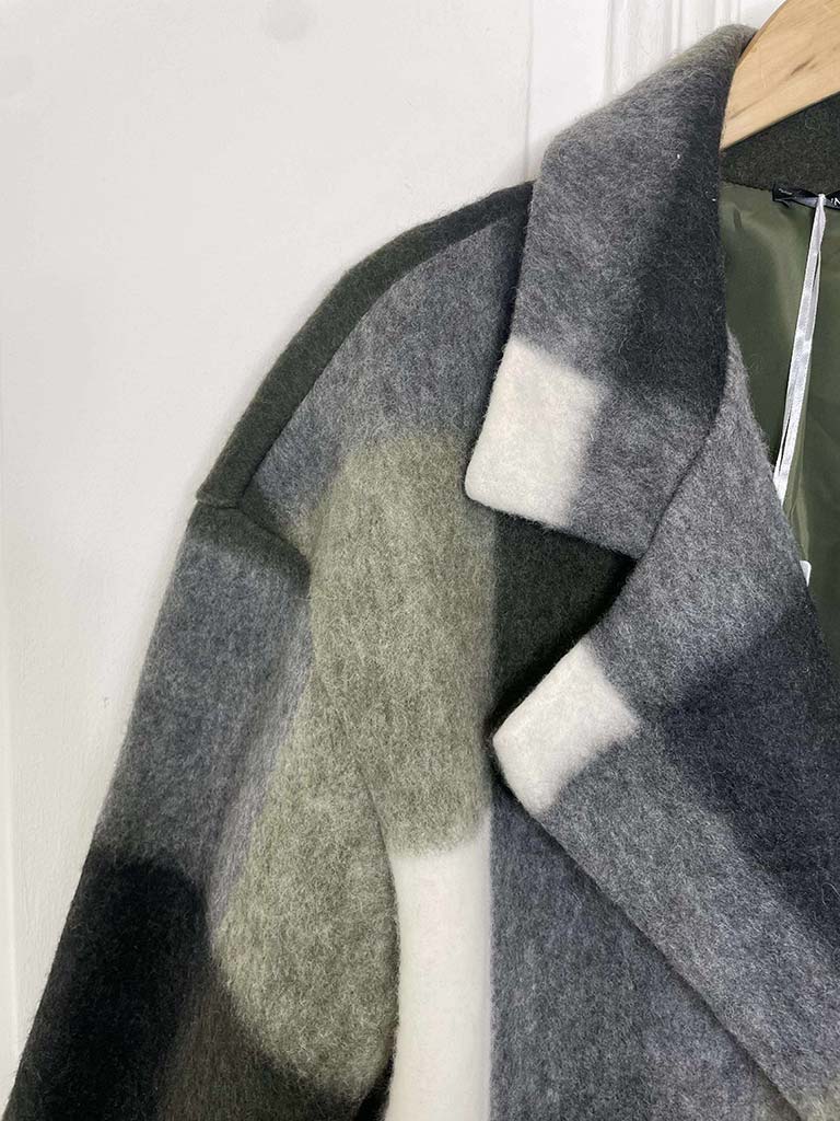 Check Wool Mix Coat - Khaki
