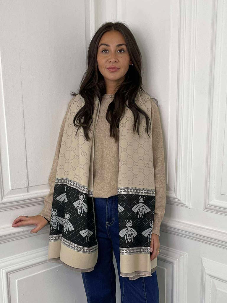 Malissa J Bee Border Scarf - Stone