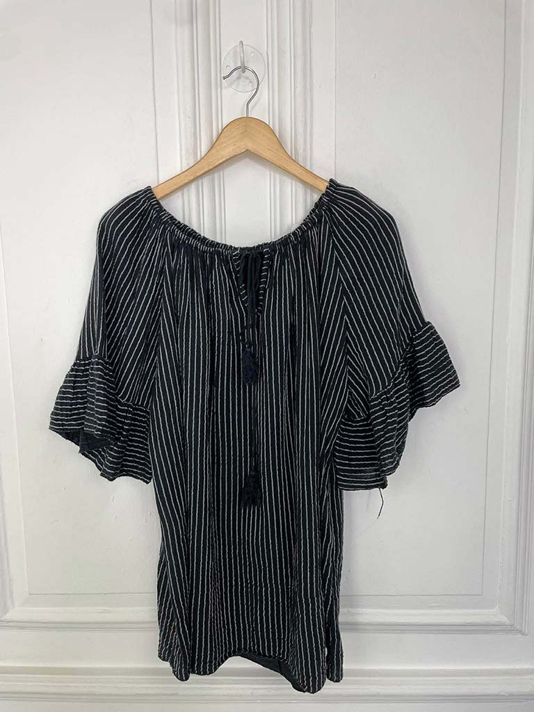 Seersucker Stripe Bardot Top - Black