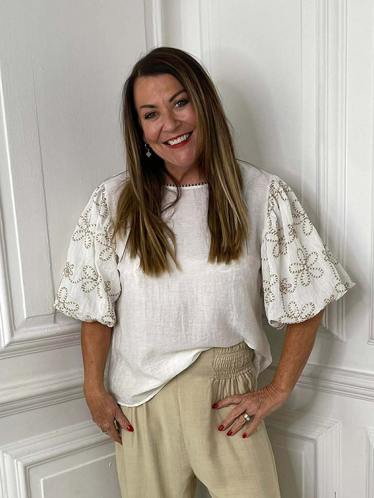 Puff Sleeve Stitched Top - Ecru