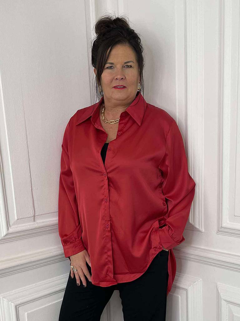 Luxe Silk Feel Shirt - Cherry