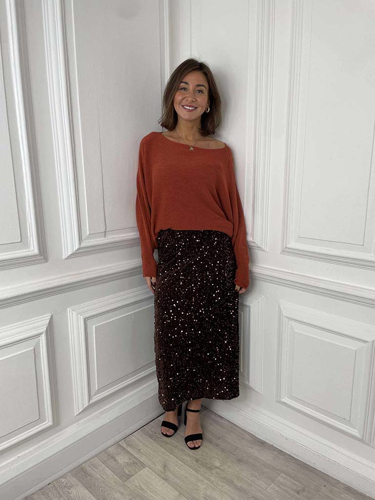 Sequin Pencil Skirt - Chocolate