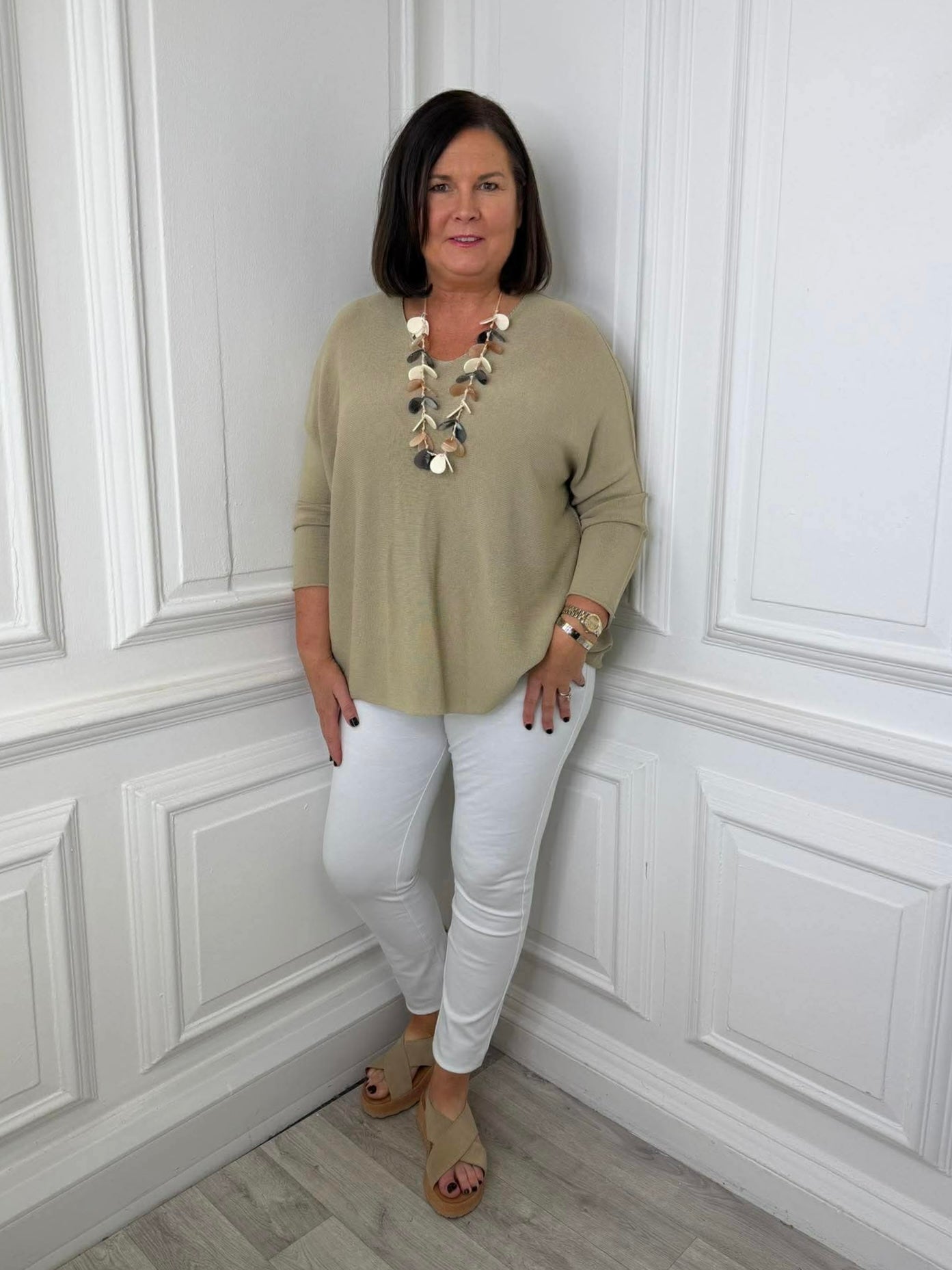 V-Neck Raw Edge Knit - Hessian