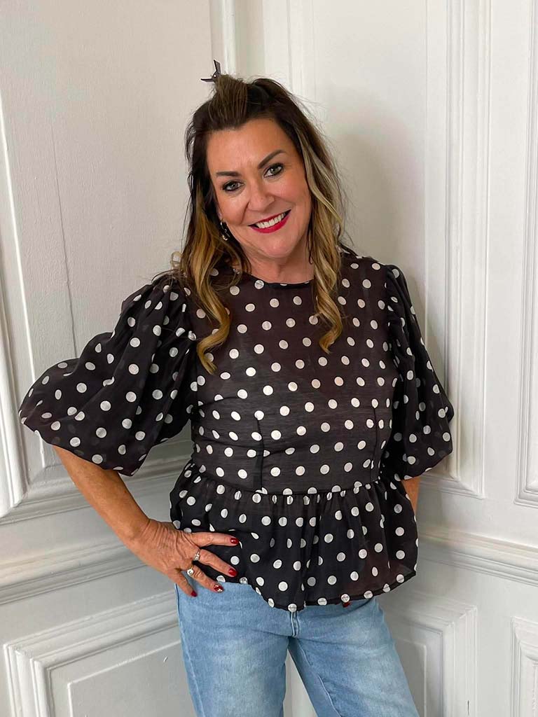Polka Dot Puff Sleeve Top - Black