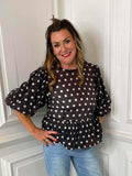 Polka Dot Puff Sleeve Top - Black