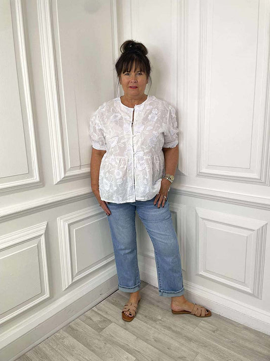 Floral Embroidery Smock Top - White