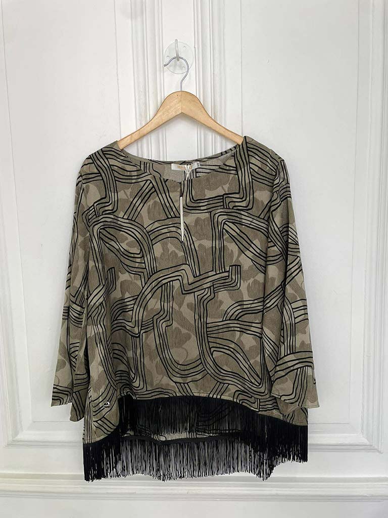 Malissa J Abstract Fringed Top - Taupe