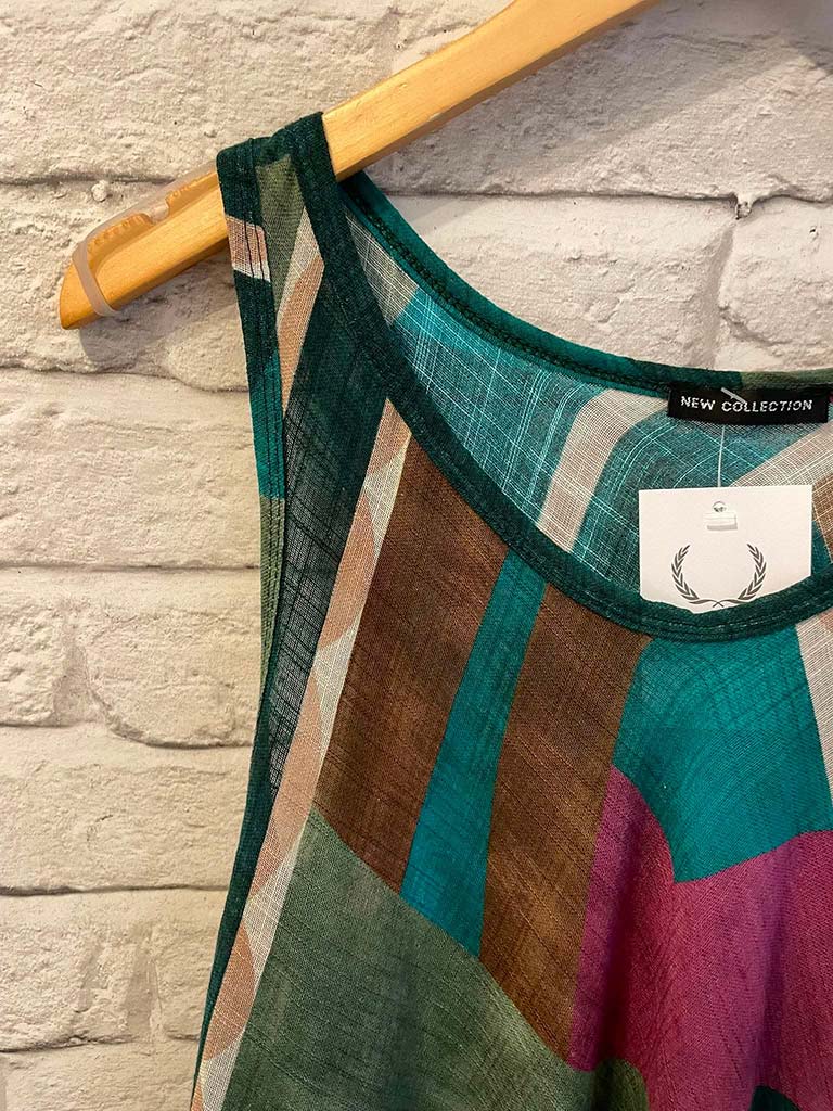 Abstract Print A-Line Dress - Teal & Magenta