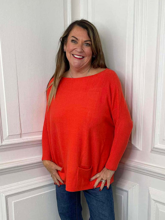 Ribbed Sleeve Pocket Knit - Orange