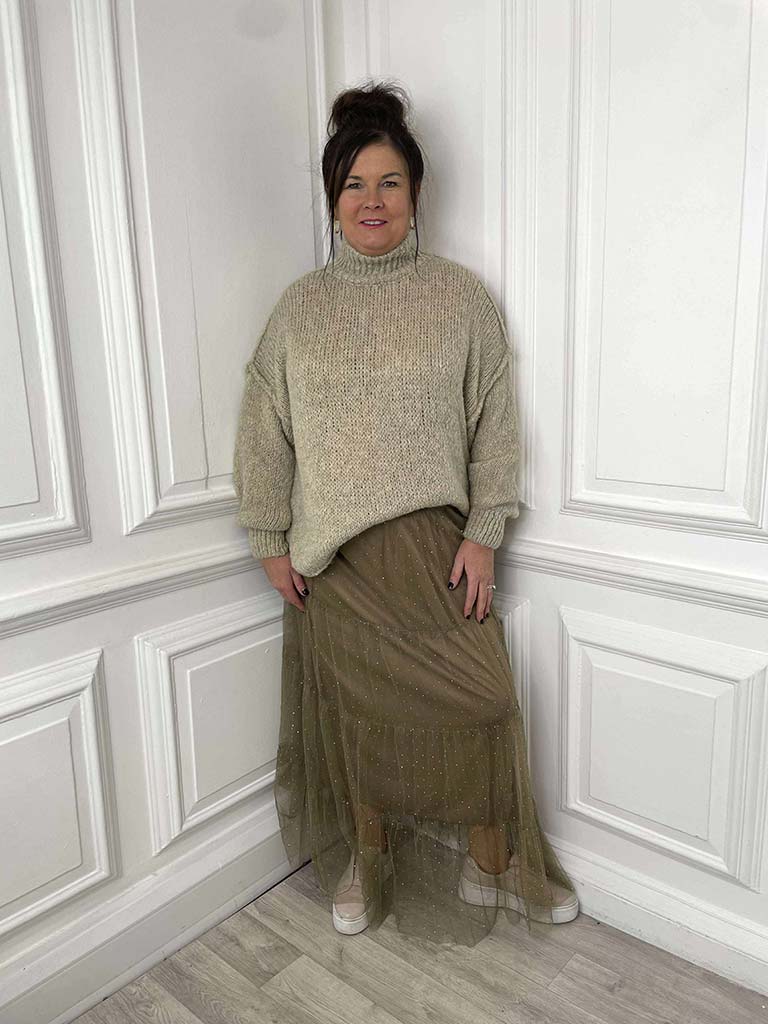 Studded Tulle Skirt - Taupe