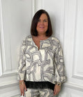 Ecru womens top with black abstract print and fringe hem, relaxed styling for everyday wear, modern outfit. - Malissa J Abstract Fringed Top - Ecru