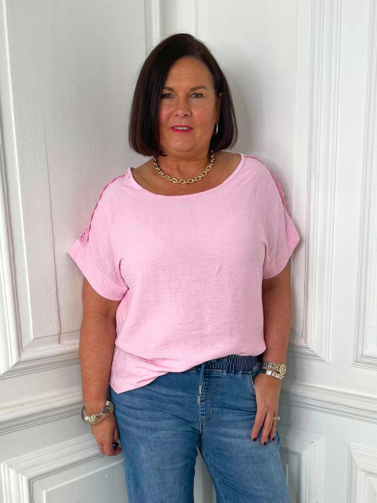Rosalie Lace Shoulder Top - Candy