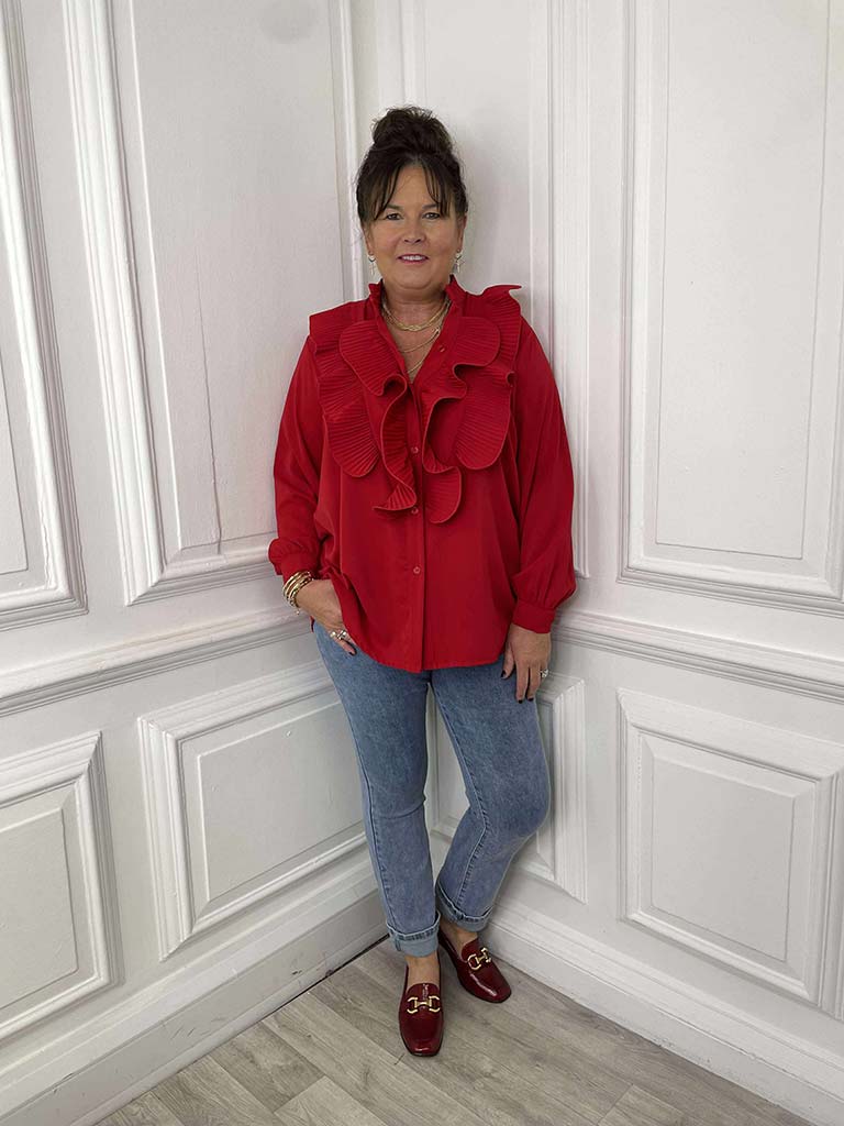 Plissé Ruffle Shirt - Cherry