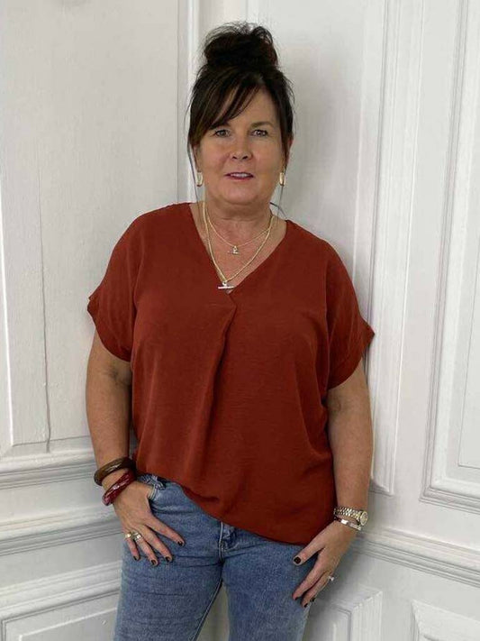 V-Neck Pleat Front Top - Rust
