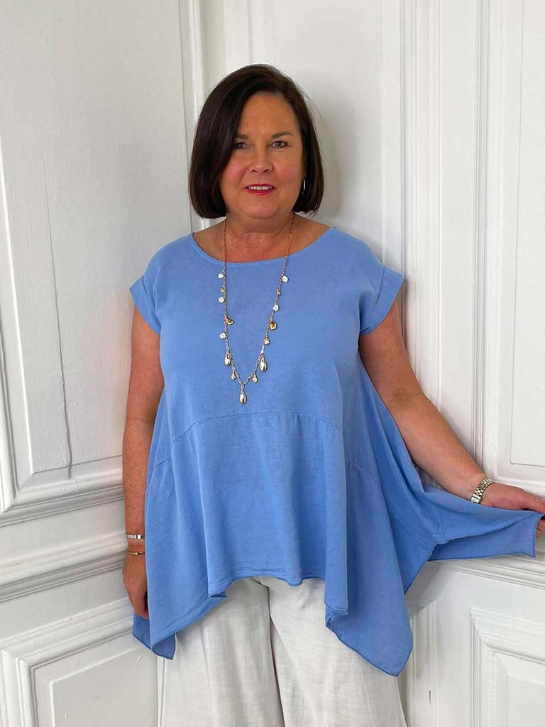 Linen Mix Cap Sleeve Top - Cornflower