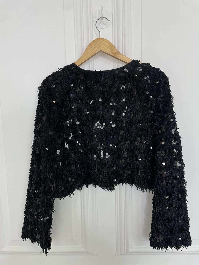 Cropped Faux Feather Sequin Jacket - Black