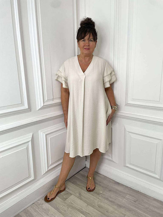 Crochet Frill Sleeve Dress - Ecru