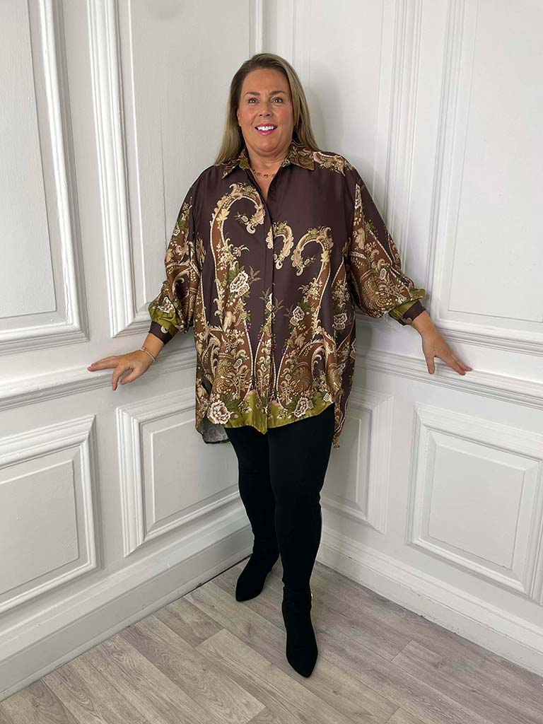 Ornate Floral Silk Feel Shirt - Chocolate