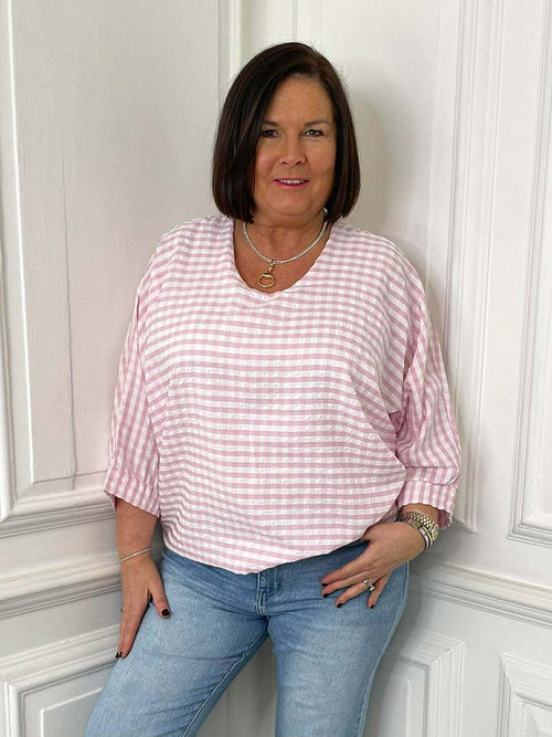 Gingham Gathered Hem Top - Pink