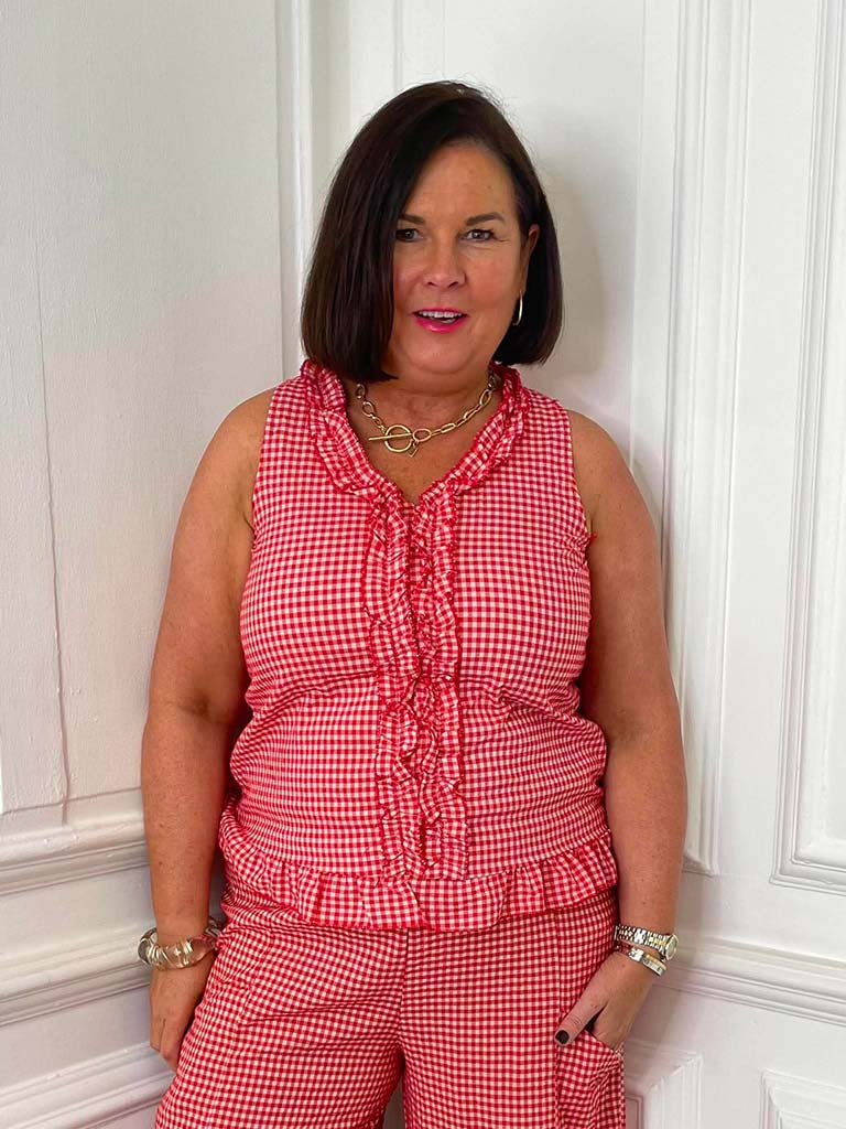 Cottage Check Ruffle Top - Cherry