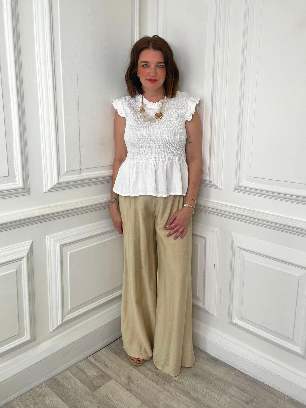 Shirred Wide Leg Trousers - Sand
