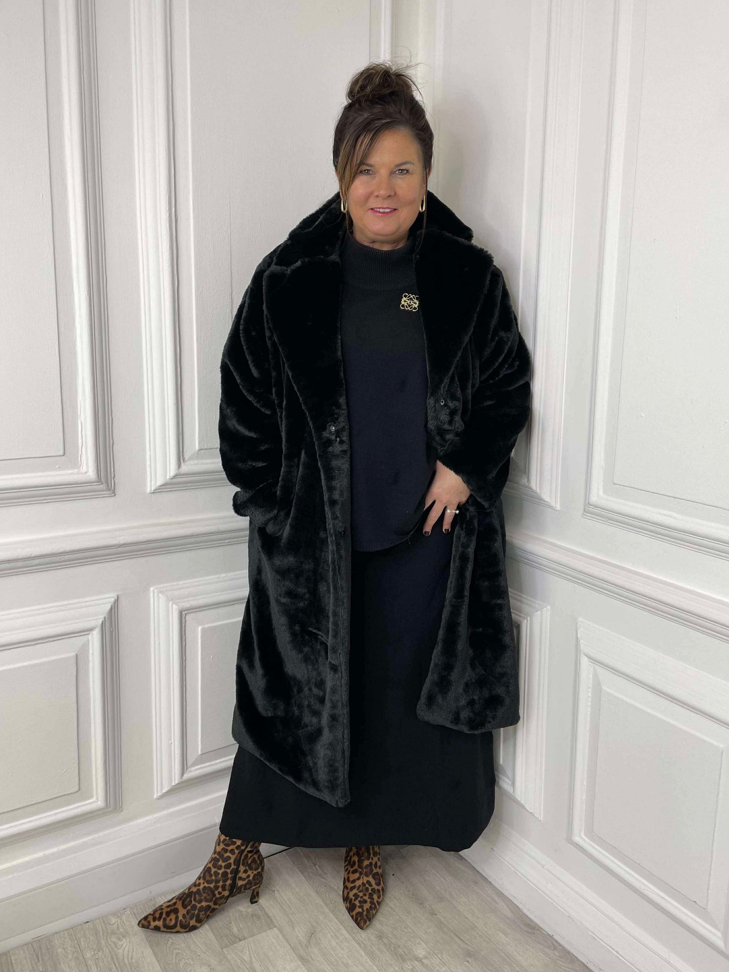 Luxe Faux Fur Long Coat - Black