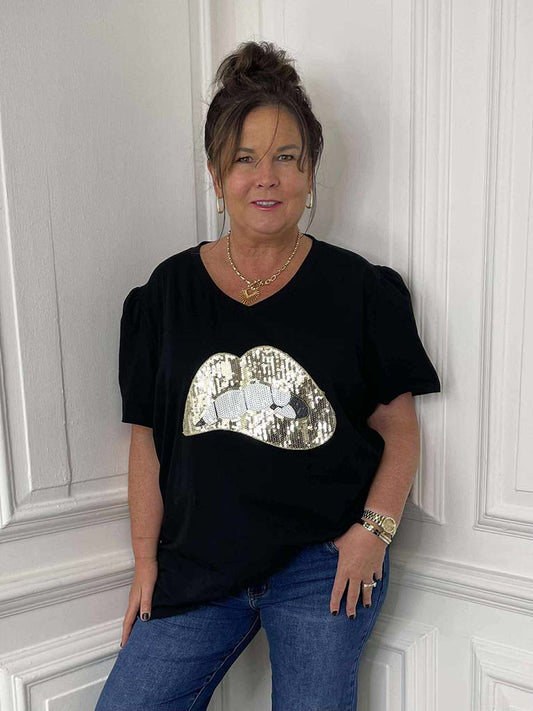 Sequin Lips Tee - Black