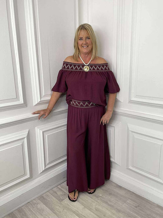 Embroidered Palazzos - Burgundy
