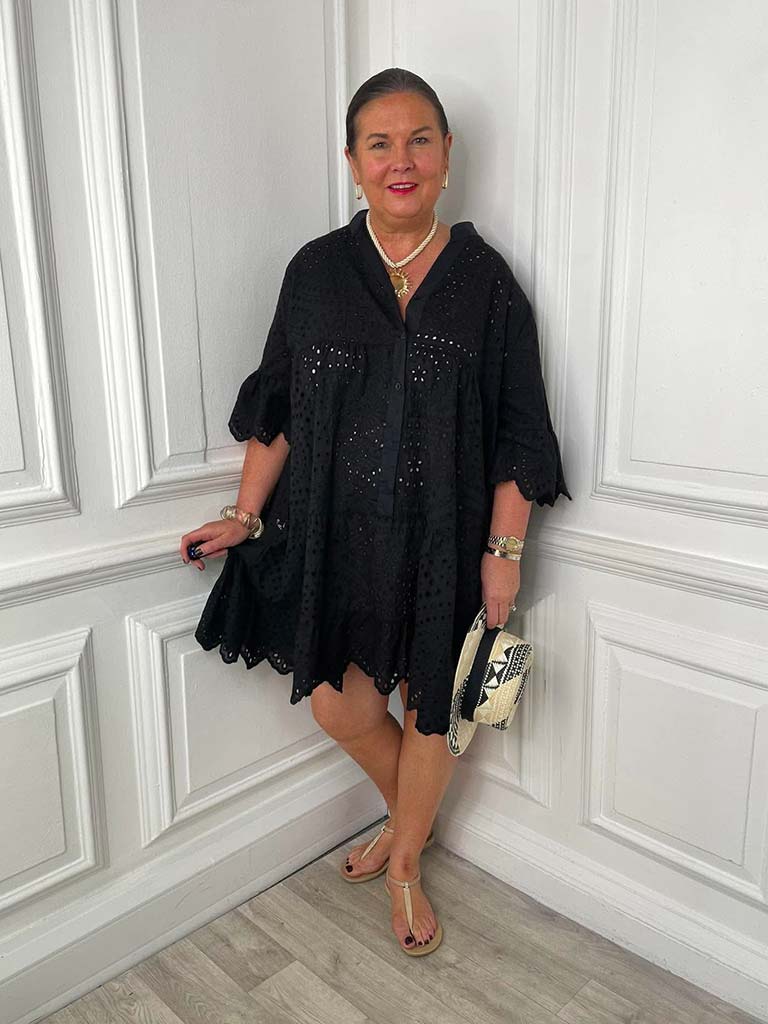 Broderie Anglaise Cotton Dress - Black