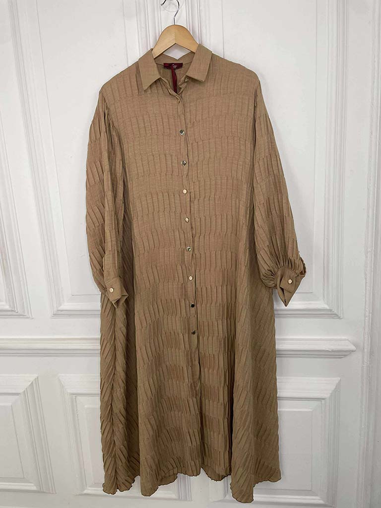 Textured Pleat Shirt Dress - Sand