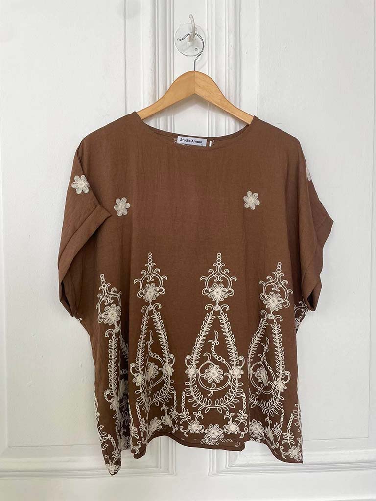 Henna Embroidered Boxy Top - Truffle