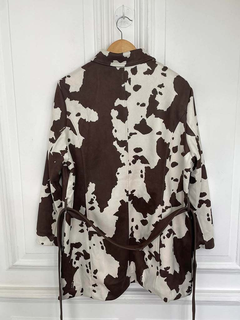 Malissa J Faux Suede Cow Print Belted Jacket