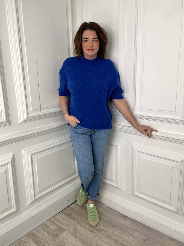 High Neck Short Sleeve Knit - Cobalt