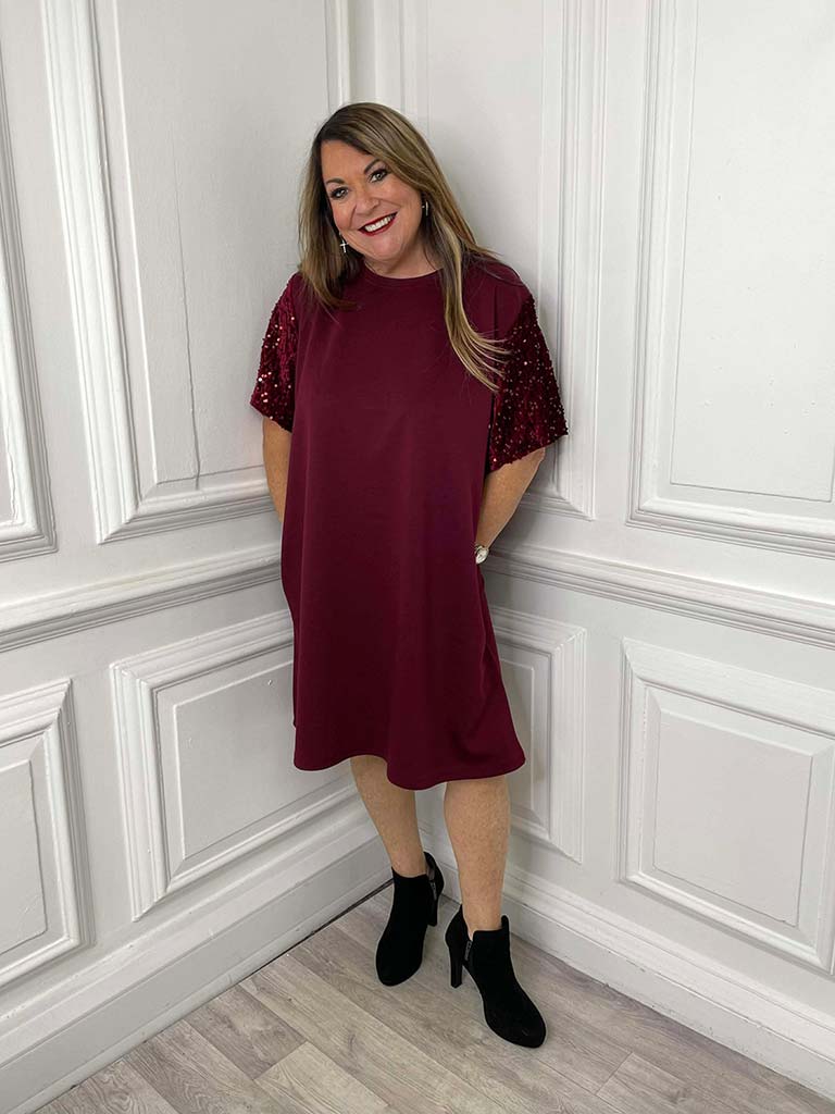 Sequin Sleeve Dress - Merlot