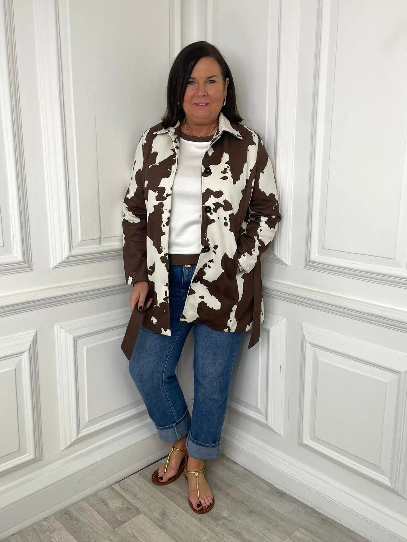 Malissa J Faux Suede Cow Print Belted Jacket