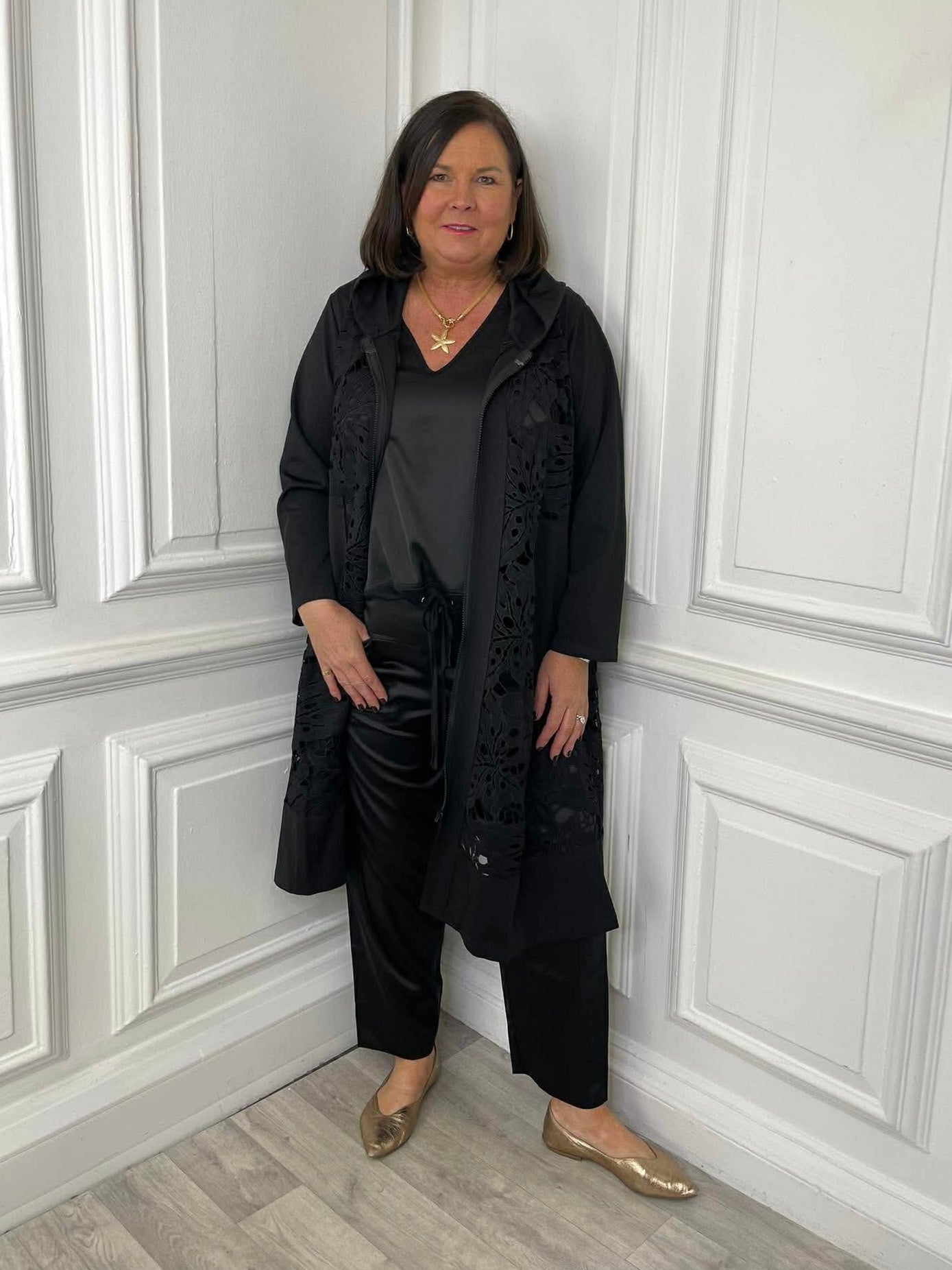 Malissa J Lace & Jersey Hooded Coat Dress