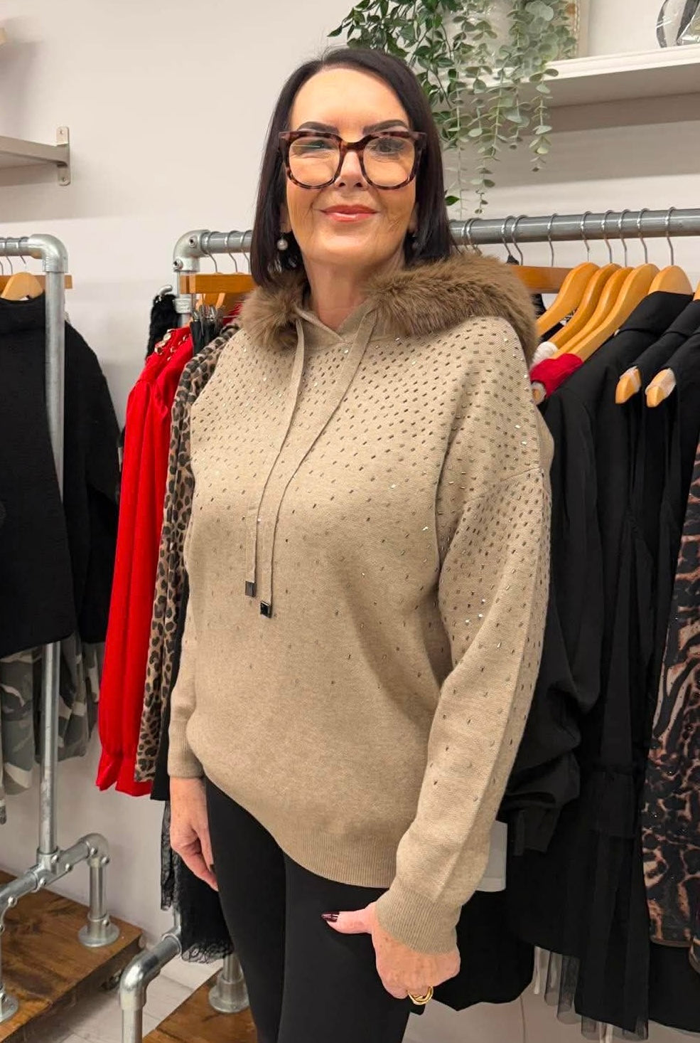 Malissa J Embellished Faux Fur Hoodie - Stone