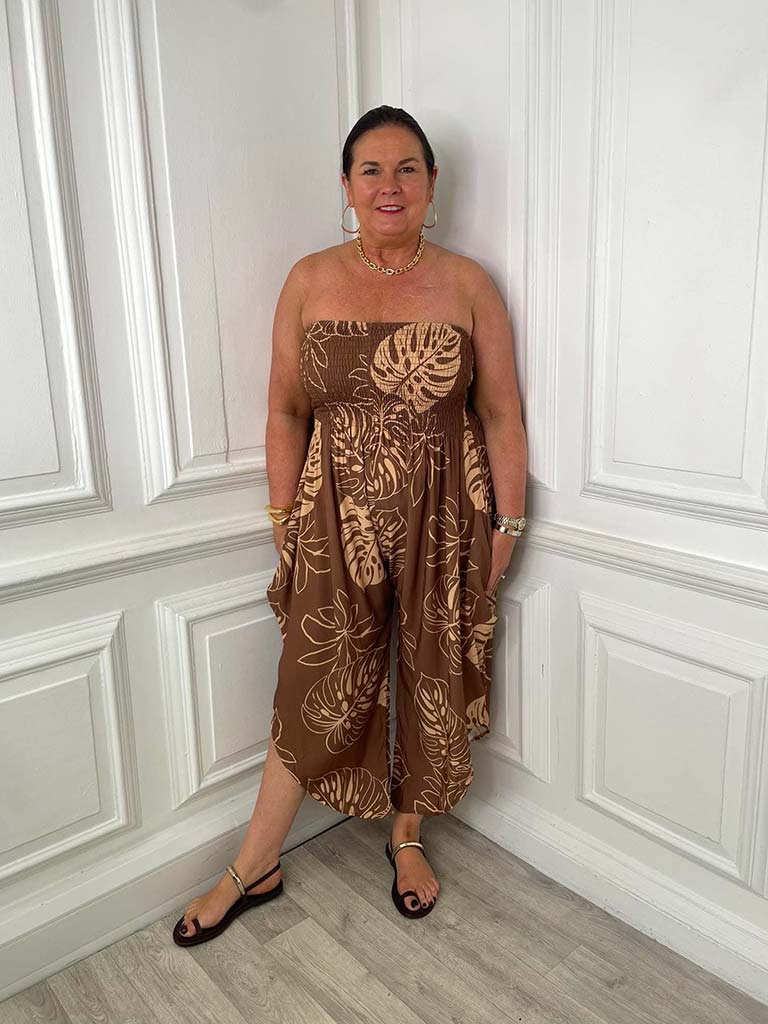 Tropical Leaf Jumpsuit - Coffee