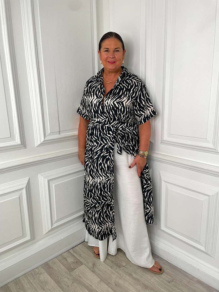 Animal Print Shirt Dress - Black