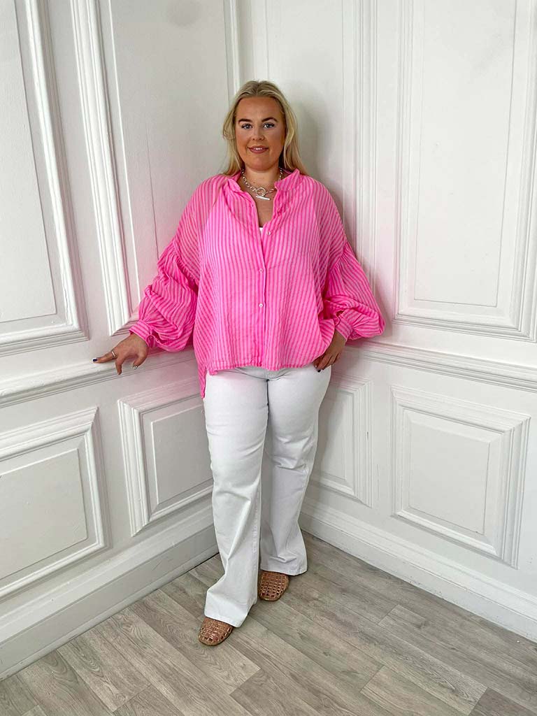 Balloon Sleeve Stripe Blouse - Neon Pink