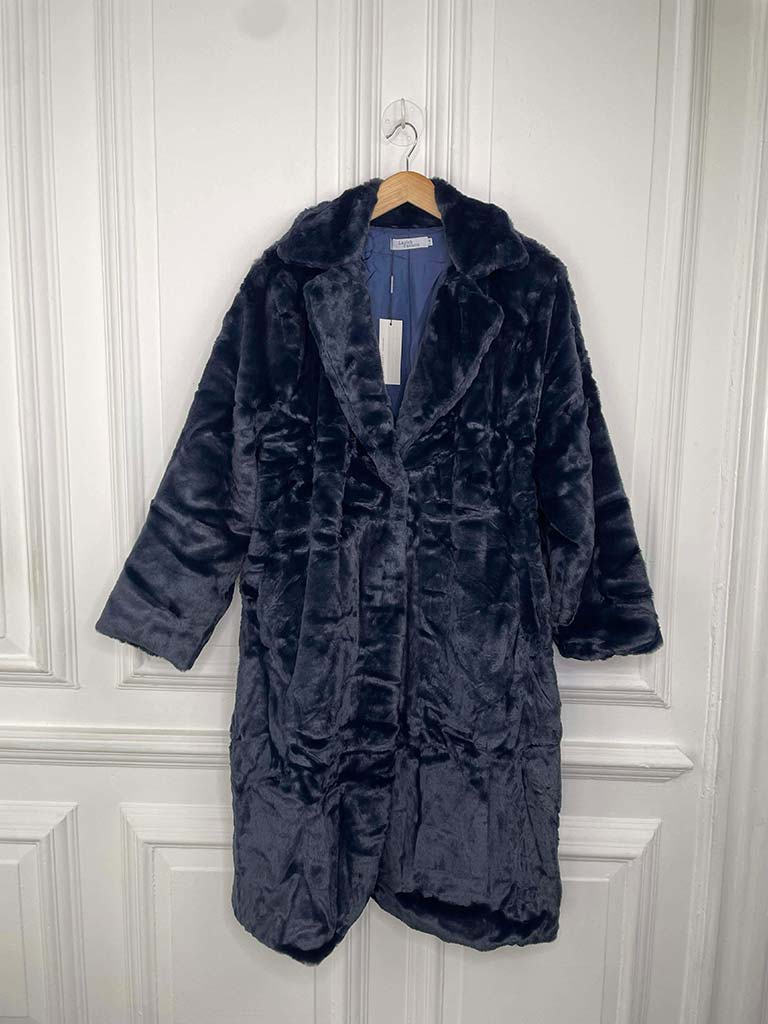 Luxe Faux Fur Long Coat - Navy