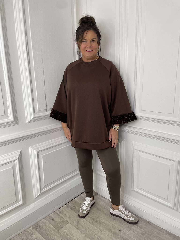 Sequin Cuff Sweatshirt - Chocolate