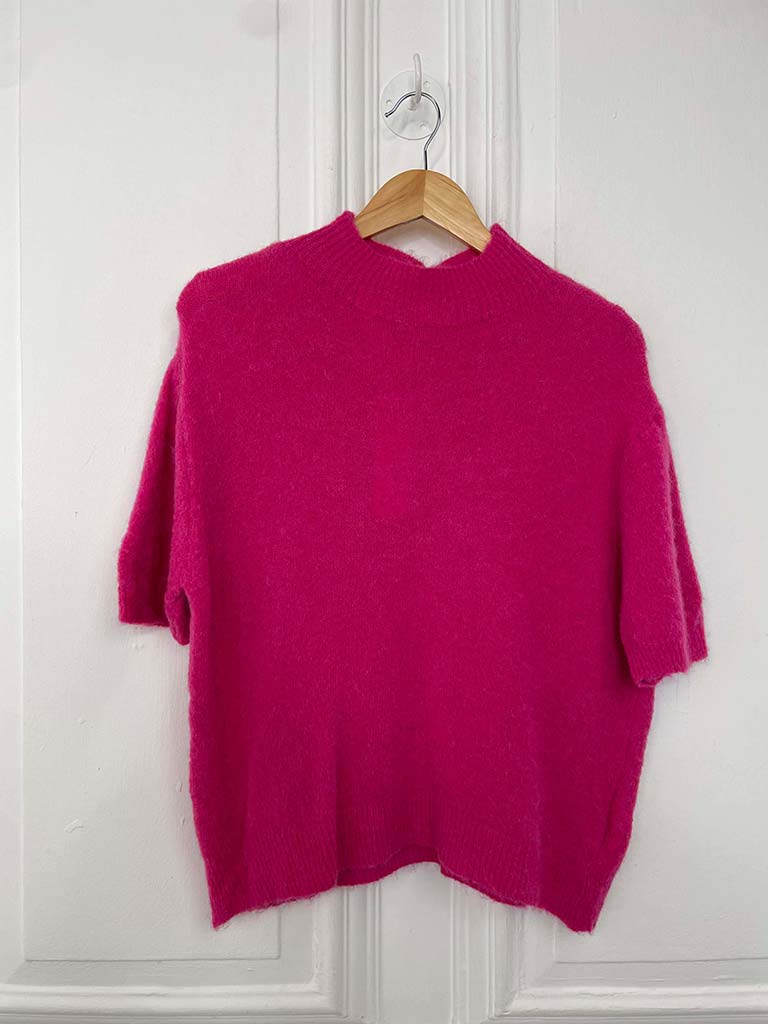 High Neck Short Sleeve Knit - Hot Pink