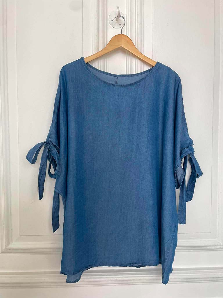 Chambray Tie Sleeve Top - Mid Denim