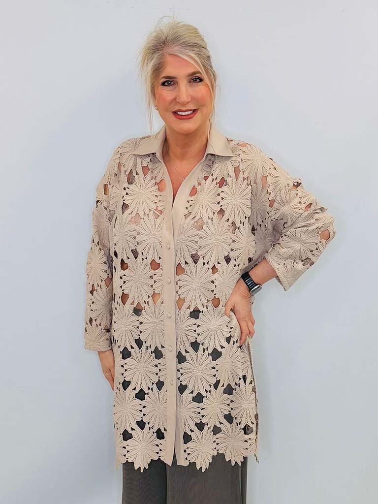 Malissa J Daisy Crochet Shirt - Mushroom