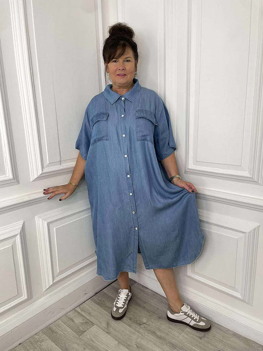 Chambray Denim Shirt Dress - Pale Blue