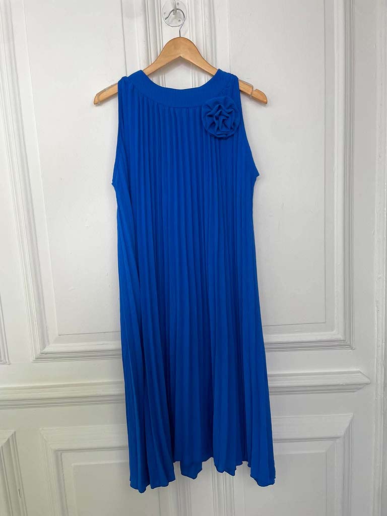 Pleated Flower Midi Dress - Cobalt