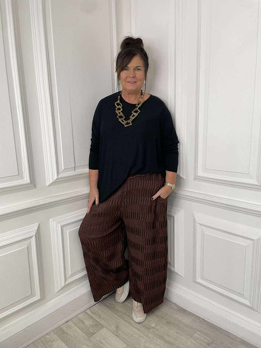 Textured Pleat Palazzos - Coffee