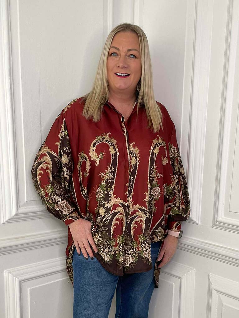 Ornate Floral Silk Feel Shirt - Rust